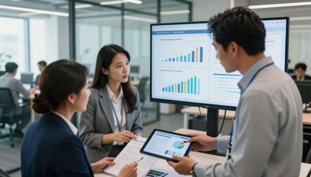 A modern office setting focusing on supplier performance and collaboration. In the foreground, a diverse group of three professionals in business attire are engaged in a collaborative discussion, analyzing documents and data on a digital tablet. The middle ground features a large screen displaying graphs and performance metrics related to vendor management, emphasizing key performance indicators. In the background, a bright, open space with glass walls, showcasing other teams working harmoniously. Soft, natural lighting enhances the professional atmosphere, creating a sense of teamwork and success. The angle is slightly elevated, providing a dynamic view of the interaction, fostering a mood of innovation and collaboration among operations teams. A modern office setting focusing on supplier performance and collaboration. In the foreground, a diverse group of three professionals in business attire are engaged in a collaborative discussion, analyzing documents and data on a digital tablet. The middle ground features a large screen displaying graphs and performance metrics related to vendor management, emphasizing key performance indicators. In the background, a bright, open space with glass walls, showcasing other teams working harmoniously. Soft, natural lighting enhances the professional atmosphere, creating a sense of teamwork and success. The angle is slightly elevated, providing a dynamic view of the interaction, fostering a mood of innovation and collaboration among operations teams.