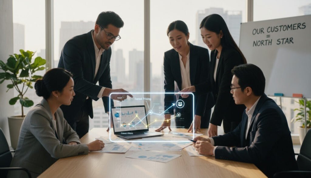 A modern office setting illustrating "Customer-Centric Pricing and Value Proposition." In the foreground, a diverse group of four professionals, two men and two women, engaged in a collaborative discussion, dressed in smart business attire, are examining a large graph on a sleek digital tablet that shows pricing strategies. The middle layer features a stylish wooden meeting table with documents and a laptop open, showcasing analytics and customer feedback. The background highlights a bright, spacious office with large windows, letting in warm natural light, creating an inviting atmosphere. Soft shadows are cast across the room, emphasizing the team’s focused expressions. The mood is collaborative and innovative, encapsulating the essence of customer-centric value creation in a SaaS business environment. A modern office setting illustrating "Customer-Centric Pricing and Value Proposition." In the foreground, a diverse group of four professionals, two men and two women, engaged in a collaborative discussion, dressed in smart business attire, are examining a large graph on a sleek digital tablet that shows pricing strategies. The middle layer features a stylish wooden meeting table with documents and a laptop open, showcasing analytics and customer feedback. The background highlights a bright, spacious office with large windows, letting in warm natural light, creating an inviting atmosphere. Soft shadows are cast across the room, emphasizing the team’s focused expressions. The mood is collaborative and innovative, encapsulating the essence of customer-centric value creation in a SaaS business environment.