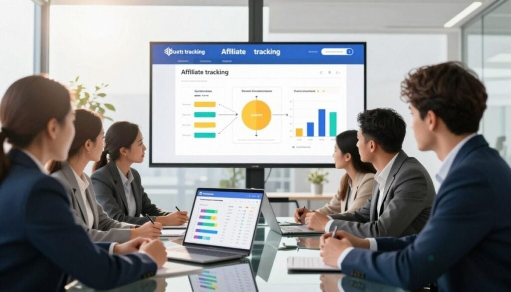 A modern office setting illustrating "affiliate tracking" in action. In the foreground, a diverse group of professionals, dressed in smart business attire, is gathered around a sleek glass conference table, analyzing colorful graphs on a laptop that displays real-time commission data. The middle ground features a large digital screen showcasing automated payout workflows, with animated charts and flow diagrams depicting efficiency. The background shows a bright, airy office space with large windows that filter in natural light, enhancing the productive atmosphere. A subtle lens flare adds warmth, and the overall mood is dynamic and collaborative. The camera angle is slightly low, emphasizing the innovation and teamwork involved in managing affiliate programs effectively. A modern office setting illustrating "affiliate tracking" in action. In the foreground, a diverse group of professionals, dressed in smart business attire, is gathered around a sleek glass conference table, analyzing colorful graphs on a laptop that displays real-time commission data. The middle ground features a large digital screen showcasing automated payout workflows, with animated charts and flow diagrams depicting efficiency. The background shows a bright, airy office space with large windows that filter in natural light, enhancing the productive atmosphere. A subtle lens flare adds warmth, and the overall mood is dynamic and collaborative. The camera angle is slightly low, emphasizing the innovation and teamwork involved in managing affiliate programs effectively.