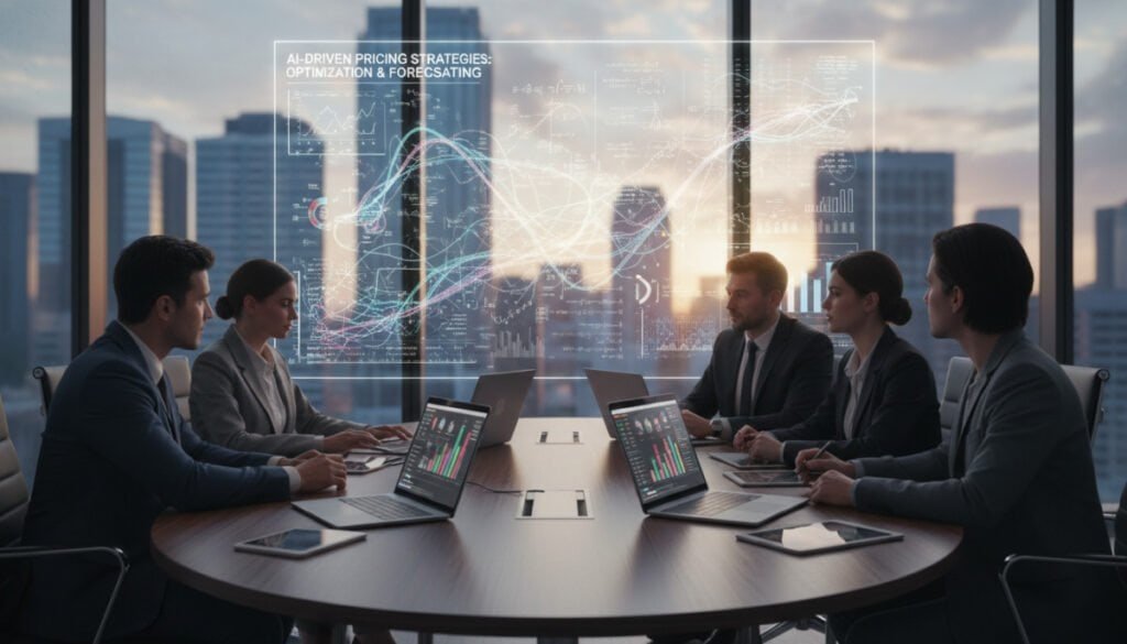 A modern office setting in the foreground, showcasing a diverse group of professionals in business attire collaborating around a sleek conference table filled with digital devices such as laptops and tablets displaying dynamic pricing models. In the middle ground, a large interactive screen presents intricate algorithms and graph visualizations demonstrating AI-driven pricing strategies. The background features a large window with a city skyline, creating an atmosphere of innovation and foresight. Soft, natural lighting enhances the space, reflecting a productive mood. The image composition is seen from a slightly elevated angle, offering a comprehensive view of the collaborative effort integrating technology into pricing strategies. A modern office setting in the foreground, showcasing a diverse group of professionals in business attire collaborating around a sleek conference table filled with digital devices such as laptops and tablets displaying dynamic pricing models. In the middle ground, a large interactive screen presents intricate algorithms and graph visualizations demonstrating AI-driven pricing strategies. The background features a large window with a city skyline, creating an atmosphere of innovation and foresight. Soft, natural lighting enhances the space, reflecting a productive mood. The image composition is seen from a slightly elevated angle, offering a comprehensive view of the collaborative effort integrating technology into pricing strategies.
