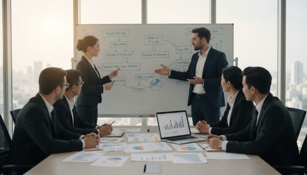 A modern office setting reflecting the theme of "Scaling Your Pricing Strategy for Growth". In the foreground, a diverse group of professional individuals, dressed in smart business attire, collaborate around a large conference table filled with charts, graphs, and a laptop displaying data analytics. In the middle ground, a large whiteboard is visible, covered with strategic pricing plans and growth metrics, showcasing a dynamic brainstorming session. The background features large windows with a panoramic city view bathed in soft, natural light, creating an uplifting atmosphere. A slight depth of field lends focus to the group and their work, while the rest of the scene remains slightly blurred, accentuating the sense of teamwork and innovation. The overall mood is optimistic and professional, highlighting the journey of growth through thoughtful pricing strategies. A modern office setting reflecting the theme of "Scaling Your Pricing Strategy for Growth". In the foreground, a diverse group of professional individuals, dressed in smart business attire, collaborate around a large conference table filled with charts, graphs, and a laptop displaying data analytics. In the middle ground, a large whiteboard is visible, covered with strategic pricing plans and growth metrics, showcasing a dynamic brainstorming session. The background features large windows with a panoramic city view bathed in soft, natural light, creating an uplifting atmosphere. A slight depth of field lends focus to the group and their work, while the rest of the scene remains slightly blurred, accentuating the sense of teamwork and innovation. The overall mood is optimistic and professional, highlighting the journey of growth through thoughtful pricing strategies.