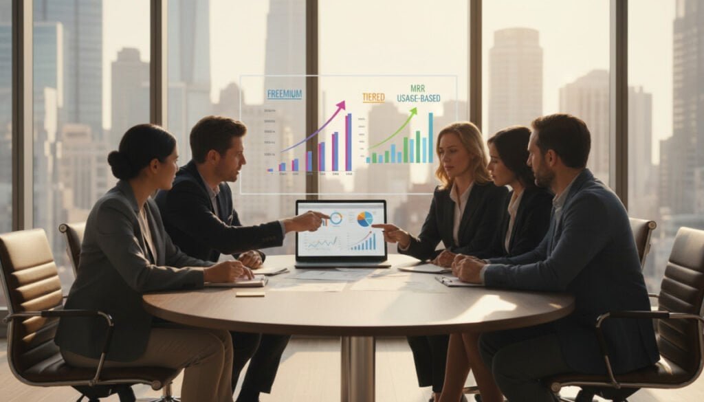 A modern office setting showcasing a business meeting focused on effective SaaS pricing strategies for growth. In the foreground, a diverse group of professionals in business attire is gathered around a sleek conference table, analyzing graphs and charts on a laptop. The middle ground features a digital whiteboard displaying pricing models and growth trends, with colorful visuals. In the background, large windows reveal a city skyline, with soft natural light illuminating the space, creating a productive and optimistic atmosphere. The image should have a warm and inviting tone, emphasizing collaboration and innovation in pricing strategies. Use a wide-angle lens to capture the entire scene with a focus on clarity and detail. A modern office setting showcasing a business meeting focused on effective SaaS pricing strategies for growth. In the foreground, a diverse group of professionals in business attire is gathered around a sleek conference table, analyzing graphs and charts on a laptop. The middle ground features a digital whiteboard displaying pricing models and growth trends, with colorful visuals. In the background, large windows reveal a city skyline, with soft natural light illuminating the space, creating a productive and optimistic atmosphere. The image should have a warm and inviting tone, emphasizing collaboration and innovation in pricing strategies. Use a wide-angle lens to capture the entire scene with a focus on clarity and detail.