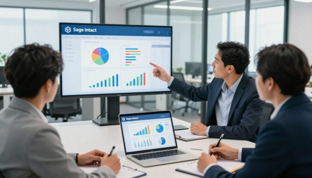 A modern office setting showcasing a professional business meeting focused on financial reporting, featuring a diverse group of three individuals in business attire analyzing Sage Intacct software on a large screen. In the foreground, a laptop displays a user-friendly dashboard with colorful graphs and charts illustrating revenue metrics. The middle ground highlights attentive discussions, with one person gesturing towards the screen and another taking notes. The background includes sleek office elements and natural light filtering through large windows, creating an inviting atmosphere. Capture the scene with a slightly elevated angle to emphasize teamwork and engagement, using soft, diffused lighting to enhance a collaborative mood. A modern office setting showcasing a professional business meeting focused on financial reporting, featuring a diverse group of three individuals in business attire analyzing Sage Intacct software on a large screen. In the foreground, a laptop displays a user-friendly dashboard with colorful graphs and charts illustrating revenue metrics. The middle ground highlights attentive discussions, with one person gesturing towards the screen and another taking notes. The background includes sleek office elements and natural light filtering through large windows, creating an inviting atmosphere. Capture the scene with a slightly elevated angle to emphasize teamwork and engagement, using soft, diffused lighting to enhance a collaborative mood.