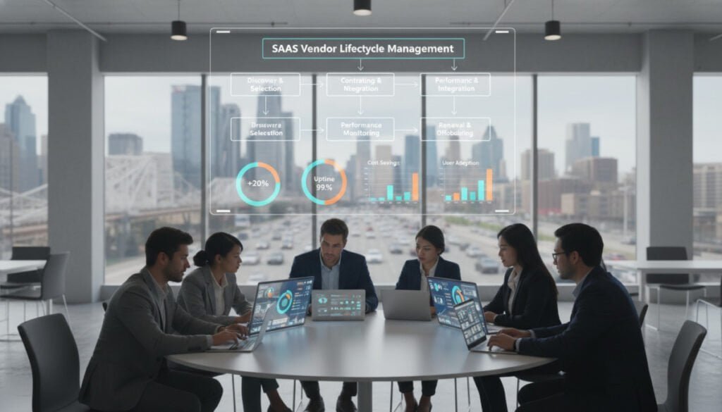 A modern office setting showcasing an overview of SaaS vendor management. In the foreground, a diverse team of professionals, dressed in smart business attire, collaborates around a sleek conference table, analyzing digital charts on laptops and tablets. In the middle ground, a large digital screen displays a flowchart of SaaS vendor selection and management strategies, with colorful graphics illustrating metrics and growth trends. The background reveals a well-lit, contemporary office with large windows, offering a view of a bustling cityscape. The scene is infused with a productive and optimistic atmosphere, illuminated by soft, natural lighting, emphasizing teamwork and strategic planning. The composition captures a sense of collaboration and technological advancement without any text or distractions. A modern office setting showcasing an overview of SaaS vendor management. In the foreground, a diverse team of professionals, dressed in smart business attire, collaborates around a sleek conference table, analyzing digital charts on laptops and tablets. In the middle ground, a large digital screen displays a flowchart of SaaS vendor selection and management strategies, with colorful graphics illustrating metrics and growth trends. The background reveals a well-lit, contemporary office with large windows, offering a view of a bustling cityscape. The scene is infused with a productive and optimistic atmosphere, illuminated by soft, natural lighting, emphasizing teamwork and strategic planning. The composition captures a sense of collaboration and technological advancement without any text or distractions.