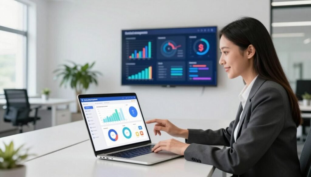 A modern office setting showcasing subscription management technology. In the foreground, a sleek laptop displays a colorful and intuitive dashboard for tracking subscriptions, featuring graphs, pie charts, and user interfaces. A confident businesswoman in professional attire is analyzing the screen, her expression focused yet optimistic. In the middle ground, a wall-mounted screen displays additional subscription metrics and trends, with vibrant graphs and engaging visuals. The background reveals an open-concept office with minimalist design, potted plants, and large windows that allow natural light to flood in, creating a bright and inviting atmosphere. The image conveys a sense of professionalism, efficiency, and innovation, ideal for illustrating essential features in a management platform. A modern office setting showcasing subscription management technology. In the foreground, a sleek laptop displays a colorful and intuitive dashboard for tracking subscriptions, featuring graphs, pie charts, and user interfaces. A confident businesswoman in professional attire is analyzing the screen, her expression focused yet optimistic. In the middle ground, a wall-mounted screen displays additional subscription metrics and trends, with vibrant graphs and engaging visuals. The background reveals an open-concept office with minimalist design, potted plants, and large windows that allow natural light to flood in, creating a bright and inviting atmosphere. The image conveys a sense of professionalism, efficiency, and innovation, ideal for illustrating essential features in a management platform.
