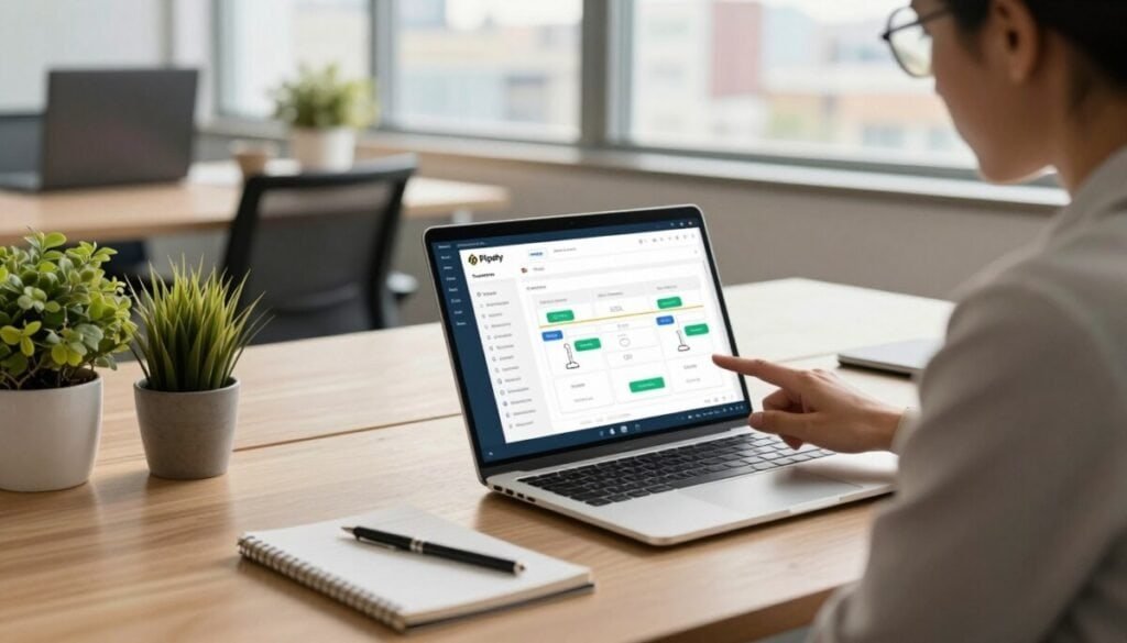 A modern office setting showcasing the Pipefy purchasing software on a sleek laptop screen. In the foreground, a focused business professional in smart casual attire analyzes a digital workflow map on the laptop, with a notepad and pen beside them. The middle ground features a stylish office desk with a few potted plants and organizational tools, emphasizing productivity. In the background, large windows let in soft natural light, revealing a cityscape that suggests a vibrant business environment. The atmosphere is one of innovation and efficiency, with warm lighting casting a professional yet welcoming glow throughout the scene. The angle captures the workspace from a slightly elevated view, enhancing the sense of organization and customization inherent in the Pipefy software. A modern office setting showcasing the Pipefy purchasing software on a sleek laptop screen. In the foreground, a focused business professional in smart casual attire analyzes a digital workflow map on the laptop, with a notepad and pen beside them. The middle ground features a stylish office desk with a few potted plants and organizational tools, emphasizing productivity. In the background, large windows let in soft natural light, revealing a cityscape that suggests a vibrant business environment. The atmosphere is one of innovation and efficiency, with warm lighting casting a professional yet welcoming glow throughout the scene. The angle captures the workspace from a slightly elevated view, enhancing the sense of organization and customization inherent in the Pipefy software.