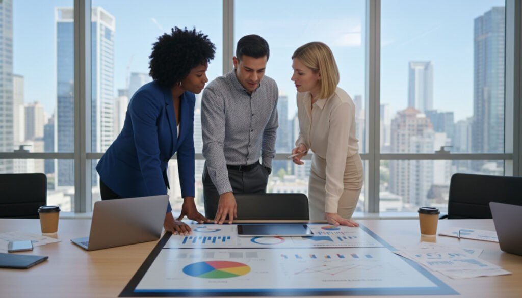 A modern office setting showcasing the concept of SaaS procurement management. In the foreground, a diverse group of three professionals, a Black woman, a Hispanic man, and a Caucasian woman, are engaged in a collaborative discussion over a digital tablet displaying analytics, all dressed in professional business attire. The middle ground features a sleek conference table adorned with documents and laptops, emphasizing a high-tech atmosphere. In the background, large windows reveal a bustling cityscape, flooding the room with natural light. The lighting is bright and vibrant, creating an energetic and optimistic mood that conveys innovation and teamwork. The camera angle is slightly above eye level, capturing the dynamic exchange and focus on digital tools, evoking a sense of modernity and efficiency in SaaS procurement. A modern office setting showcasing the concept of SaaS procurement management. In the foreground, a diverse group of three professionals, a Black woman, a Hispanic man, and a Caucasian woman, are engaged in a collaborative discussion over a digital tablet displaying analytics, all dressed in professional business attire. The middle ground features a sleek conference table adorned with documents and laptops, emphasizing a high-tech atmosphere. In the background, large windows reveal a bustling cityscape, flooding the room with natural light. The lighting is bright and vibrant, creating an energetic and optimistic mood that conveys innovation and teamwork. The camera angle is slightly above eye level, capturing the dynamic exchange and focus on digital tools, evoking a sense of modernity and efficiency in SaaS procurement.