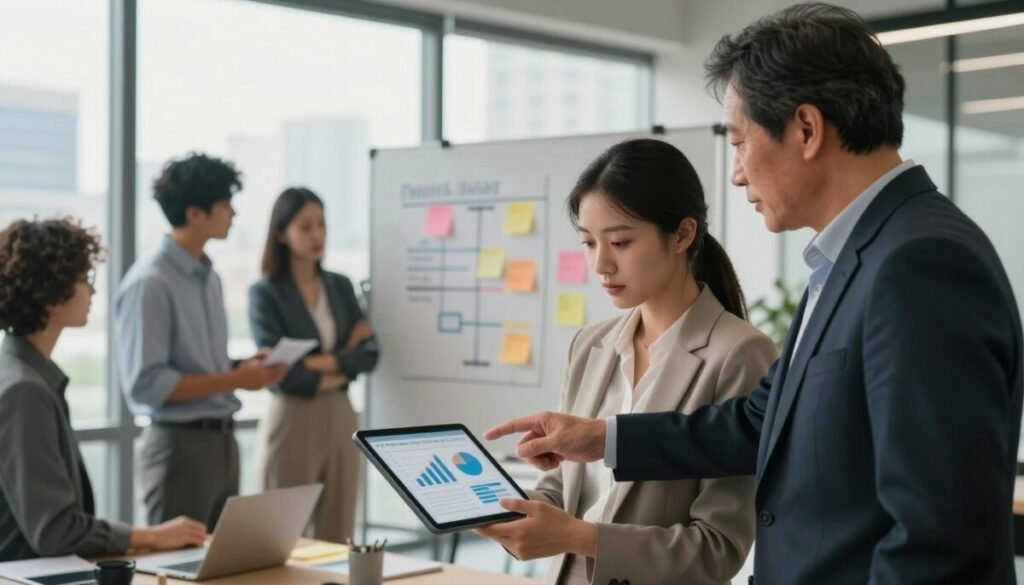 A modern office setting with a diverse group of professionals discussing pricing strategies. In the foreground, a young woman in professional attire is analyzing a tablet displaying graphs and charts, alongside a middle-aged man in a suit, pointing at the screen. In the middle ground, a large whiteboard filled with color-coded notes and pricing models captures the team’s attention. The background features a large window with natural light pouring in, showcasing a city skyline to enhance the business atmosphere. The overall mood is focused and collaborative, emphasizing careful evaluation and strategic thinking. Use soft, warm lighting to create an inviting yet professional tone. The perspective should be slightly elevated, capturing the team engaged in discussion without distractions or clutter. A modern office setting with a diverse group of professionals discussing pricing strategies. In the foreground, a young woman in professional attire is analyzing a tablet displaying graphs and charts, alongside a middle-aged man in a suit, pointing at the screen. In the middle ground, a large whiteboard filled with color-coded notes and pricing models captures the team’s attention. The background features a large window with natural light pouring in, showcasing a city skyline to enhance the business atmosphere. The overall mood is focused and collaborative, emphasizing careful evaluation and strategic thinking. Use soft, warm lighting to create an inviting yet professional tone. The perspective should be slightly elevated, capturing the team engaged in discussion without distractions or clutter.