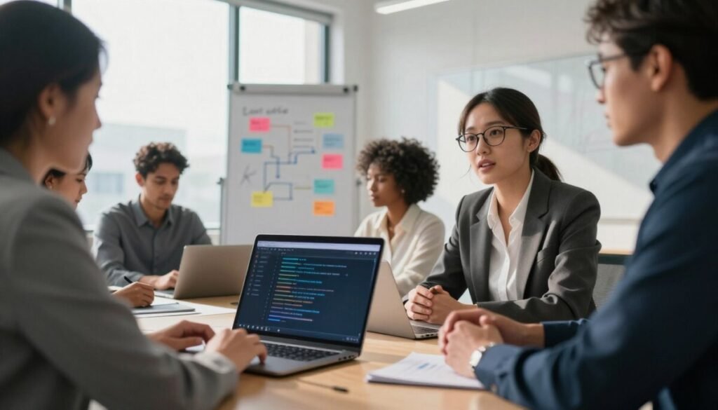 A modern office setting with a diverse group of professionals engaged in a meeting. In the foreground, a woman in business attire is speaking, while a man with glasses is attentively listening, both appearing focused and engaged. A laptop on the table displays a real-time transcription interface, with text streaming in a sleek, digital format. In the middle, a whiteboard filled with notes and colorful diagrams is partially visible, enhancing the collaborative environment. The background features a large window letting in natural light, casting soft shadows across the room. The atmosphere conveys productivity and innovation, emphasizing teamwork and cutting-edge technology. Capture this scene with a slightly low angle to emphasize the dynamic mood and create a sense of energy in the workspace. A modern office setting with a diverse group of professionals engaged in a meeting. In the foreground, a woman in business attire is speaking, while a man with glasses is attentively listening, both appearing focused and engaged. A laptop on the table displays a real-time transcription interface, with text streaming in a sleek, digital format. In the middle, a whiteboard filled with notes and colorful diagrams is partially visible, enhancing the collaborative environment. The background features a large window letting in natural light, casting soft shadows across the room. The atmosphere conveys productivity and innovation, emphasizing teamwork and cutting-edge technology. Capture this scene with a slightly low angle to emphasize the dynamic mood and create a sense of energy in the workspace.