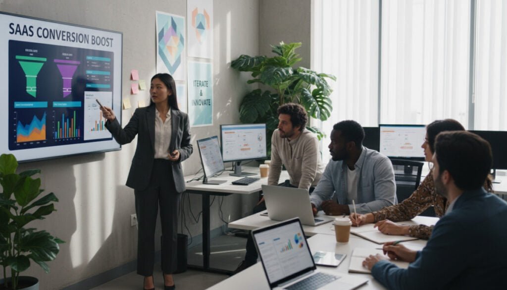 A modern office setting with a diverse group of professionals focused on conversion rate optimization strategies for SaaS. In the foreground, a female project manager of Asian descent is presenting data on a large screen, highlighting graphs and metrics in a vibrant color palette. The middle ground features colleagues, including a Black male digital marketer and a Hispanic female UX designer, actively engaging in discussion, with laptops open and analytics charts visible. The background displays a sleek, contemporary workspace with plants and motivational posters. Bright, natural light pours in through large windows, creating a productive atmosphere. The overall mood is collaborative, innovative, and focused on success. The scene is shot from a slightly elevated angle to capture the dynamics of the team.