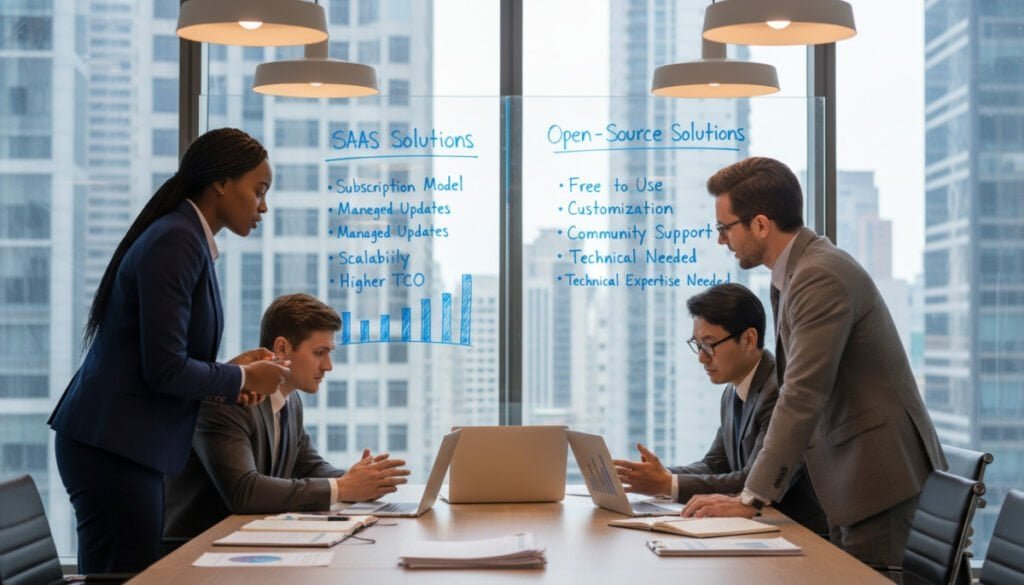 A modern office setting with a large conference table at the forefront, where a diverse group of three business professionals – two men and one woman – are engaged in a serious discussion. They are dressed in smart business attire, with laptops and notepads in front of them, analyzing charts and documents. In the middle ground, a whiteboard filled with diagrams comparing SaaS and open-source solutions serves as a focal point, showcasing key benefits and drawbacks. The background features a panoramic window offering a city skyline view under bright, natural daylight. The atmosphere is one of collaboration and critical thinking, illuminated by warm overhead lights, capturing a moment of strategic evaluation and decision-making. Shot from a slightly elevated angle to emphasize the group's interaction and the whiteboard content.