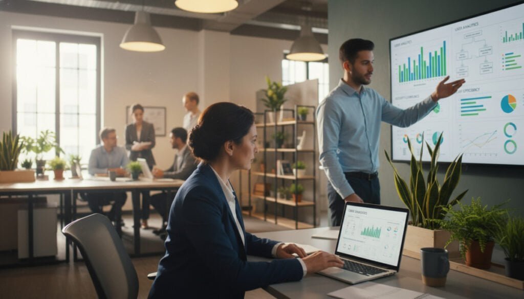 A modern office setting with a professional team of diverse individuals engaging in a comprehensive SaaS audit. In the foreground, a focused middle-aged woman in smart business attire examines a laptop, with spreadsheets and charts open. To her right, a younger man gestures towards a digital whiteboard filled with graphs and data points. In the background, a well-organized workspace features potted plants and soft lighting illuminating the room, creating a productive atmosphere. The scene captures a sense of collaboration and thorough analysis, ensuring attention to detail in the audit process. The image is well-composed, shot from a slightly elevated angle to provide depth, with natural light streaming through large windows.