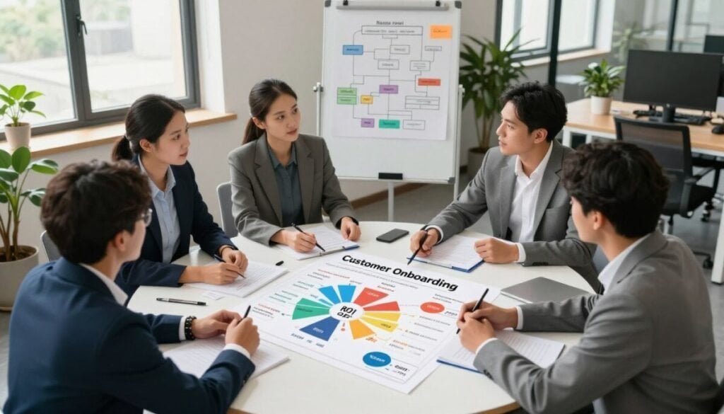A modern office setting with a round table showcasing various pricing model diagrams and graphs related to customer onboarding software. In the foreground, a diverse group of four professionals, dressed in business attire, are engaged in a discussion, pointing at a large infographic displaying features and ROI comparisons. The middle layer features a whiteboard filled with notes and flowcharts about different pricing strategies. In the background, sunlight streams through large windows, illuminating the workspace, while plants add a touch of greenery. The atmosphere is collaborative and dynamic, with an emphasis on innovation and strategic planning. The angle is slightly elevated, capturing both the interactive discussion and the visual aids effectively.