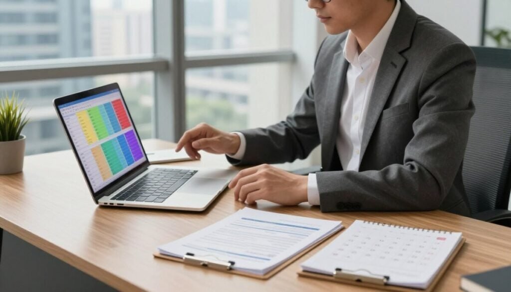 A modern office setting with a sleek wooden desk in the foreground, featuring a laptop displaying a colorful dashboard tracking contract renewals. In the middle, a professional business person, dressed in a tailored suit, is analyzing data on the screen with a focused expression. Surrounding them are neatly organized documents and a calendar marked with renewal dates. In the background, large windows let in natural light, revealing a bustling cityscape. The mood conveys enthusiasm and professionalism, emphasizing proactive management. Use soft lighting to create a warm atmosphere, focusing on a slightly elevated angle to capture both the individual’s engagement and the vibrant screen. A modern office setting with a sleek wooden desk in the foreground, featuring a laptop displaying a colorful dashboard tracking contract renewals. In the middle, a professional business person, dressed in a tailored suit, is analyzing data on the screen with a focused expression. Surrounding them are neatly organized documents and a calendar marked with renewal dates. In the background, large windows let in natural light, revealing a bustling cityscape. The mood conveys enthusiasm and professionalism, emphasizing proactive management. Use soft lighting to create a warm atmosphere, focusing on a slightly elevated angle to capture both the individual’s engagement and the vibrant screen.