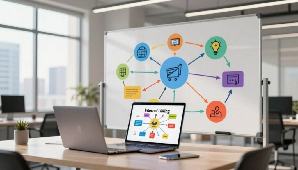 A modern office space featuring a dynamic, visually appealing diagram illustrating the concept of internal linking. In the foreground, a sleek desk with a laptop open, showcasing an internal linking structure, surrounded by colorful arrows connecting various topics and ideas. In the middle ground, a large whiteboard or digital screen displays interlinked concepts represented by vibrant icons and lines, suggesting the flow of information. In the background, large windows reveal a bright city skyline, casting natural light into the room, enhancing a professional atmosphere. The overall mood is collaborative and innovative, with a clean and organized aesthetic. The lighting is soft and inviting, creating a sense of focus and productivity. A modern office space featuring a dynamic, visually appealing diagram illustrating the concept of internal linking. In the foreground, a sleek desk with a laptop open, showcasing an internal linking structure, surrounded by colorful arrows connecting various topics and ideas. In the middle ground, a large whiteboard or digital screen displays interlinked concepts represented by vibrant icons and lines, suggesting the flow of information. In the background, large windows reveal a bright city skyline, casting natural light into the room, enhancing a professional atmosphere. The overall mood is collaborative and innovative, with a clean and organized aesthetic. The lighting is soft and inviting, creating a sense of focus and productivity.