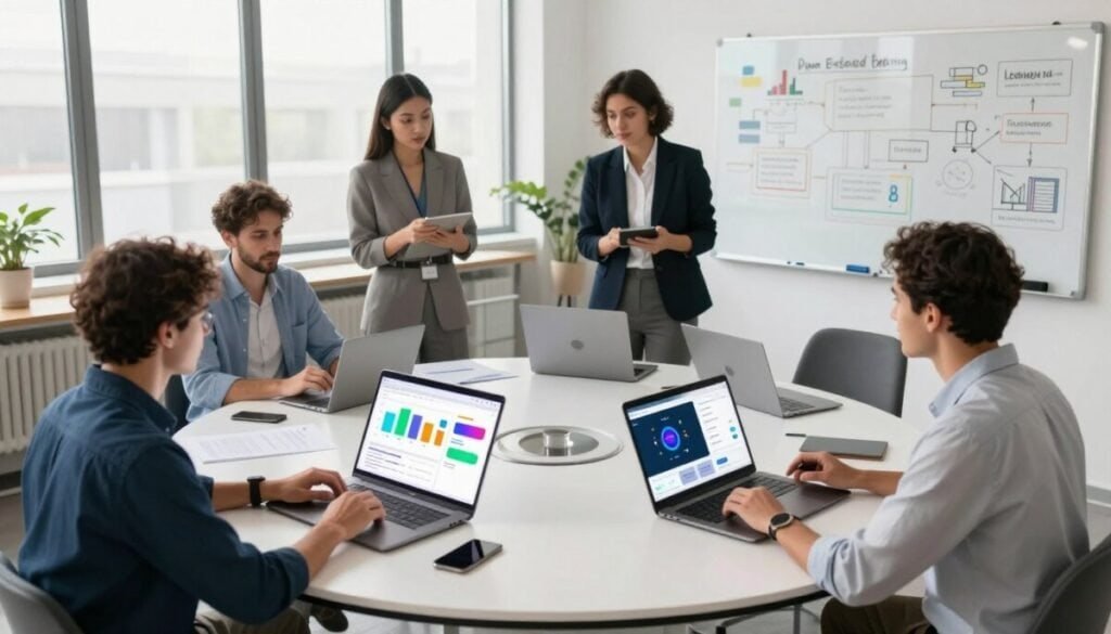 A modern office space filled with professionals engaging in personalized learning paths. In the foreground, a diverse group of four individuals in professional attire, two men and two women, collaborating over interactive touchscreens displaying colorful graphs and customized training modules. In the middle, a sleek round table with laptops open, showing visuals of online courses and progress trackers. The background features large windows with a bright but soft natural light pouring in, and a whiteboard filled with brainstorming notes and diagrams about personalized training methods. The atmosphere is dynamic and innovative, reflecting collaboration and growth in a SaaS environment. The angle is slightly elevated to capture the interaction between the individuals and their screens, emphasizing the theme of personalized learning paths via Intellum.