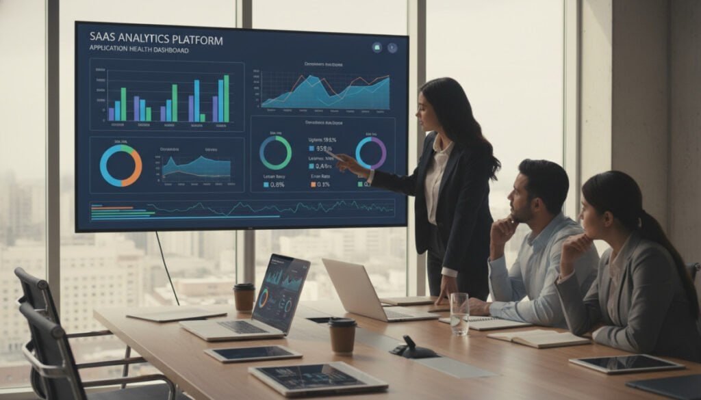 A modern office space showcasing a sleek SaaS application management dashboard on a large monitor, featuring colorful graphs, KPI metrics, and real-time data analytics. In the foreground, a diverse group of three professionals in smart business attire collaborates, pointing at data insights displayed on-screen. The middle layer includes a stylish conference table with laptops, tablets, and notepads scattered about, while a large window in the background lets in natural light, illuminating the room. Soft shadows enhance a warm, collaborative atmosphere. The camera angle is slightly elevated, capturing both the team dynamic and the technology on display. The overall mood is focused and innovative, highlighting the importance of mastering application management and monitoring in SaaS. A modern office space showcasing a sleek SaaS application management dashboard on a large monitor, featuring colorful graphs, KPI metrics, and real-time data analytics. In the foreground, a diverse group of three professionals in smart business attire collaborates, pointing at data insights displayed on-screen. The middle layer includes a stylish conference table with laptops, tablets, and notepads scattered about, while a large window in the background lets in natural light, illuminating the room. Soft shadows enhance a warm, collaborative atmosphere. The camera angle is slightly elevated, capturing both the team dynamic and the technology on display. The overall mood is focused and innovative, highlighting the importance of mastering application management and monitoring in SaaS.