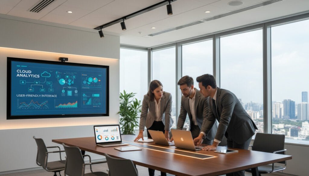 A modern office space showcasing small and medium-sized business professionals engaged in using SaaS solutions. In the foreground, a diverse group of three people, dressed in professional business attire, are collaboratively discussing data on laptops and digital tablets at a sleek conference table. The middle ground features a large digital screen displaying cloud-based software graphics, emphasizing user-friendly interfaces and data analytics. The background reveals large windows allowing natural light to flood the room, highlighting a city skyline. The atmosphere is dynamic and inviting, with warm lighting and bright colors to convey innovation and teamwork. Capture this scene from a slightly elevated angle to emphasize collaboration and technology seamlessly integrated into the workspace. A modern office space showcasing small and medium-sized business professionals engaged in using SaaS solutions. In the foreground, a diverse group of three people, dressed in professional business attire, are collaboratively discussing data on laptops and digital tablets at a sleek conference table. The middle ground features a large digital screen displaying cloud-based software graphics, emphasizing user-friendly interfaces and data analytics. The background reveals large windows allowing natural light to flood the room, highlighting a city skyline. The atmosphere is dynamic and inviting, with warm lighting and bright colors to convey innovation and teamwork. Capture this scene from a slightly elevated angle to emphasize collaboration and technology seamlessly integrated into the workspace.