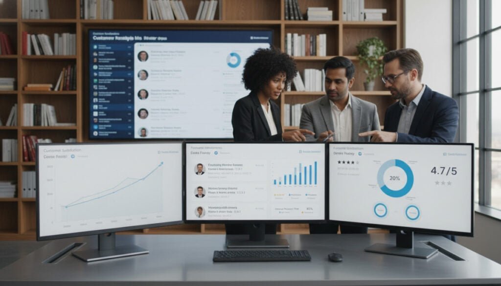 A modern office workspace designed for review management, featuring a sleek desk with multiple computer screens displaying graphs and statistics related to customer feedback and ratings. In the foreground, a diverse group of professionals in smart casual attire engages in a discussion, analyzing results on the screens. The middle-ground showcases a large digital dashboard showing various reviews and response metrics. In the background, soft-focus shelves filled with books on business and marketing create an educational atmosphere. The lighting is bright and inviting, enhanced by natural light streaming through large windows, creating a productive and optimistic mood. The camera angle is slightly elevated, providing a comprehensive view of the collaborative environment. A modern office workspace designed for review management, featuring a sleek desk with multiple computer screens displaying graphs and statistics related to customer feedback and ratings. In the foreground, a diverse group of professionals in smart casual attire engages in a discussion, analyzing results on the screens. The middle-ground showcases a large digital dashboard showing various reviews and response metrics. In the background, soft-focus shelves filled with books on business and marketing create an educational atmosphere. The lighting is bright and inviting, enhanced by natural light streaming through large windows, creating a productive and optimistic mood. The camera angle is slightly elevated, providing a comprehensive view of the collaborative environment.