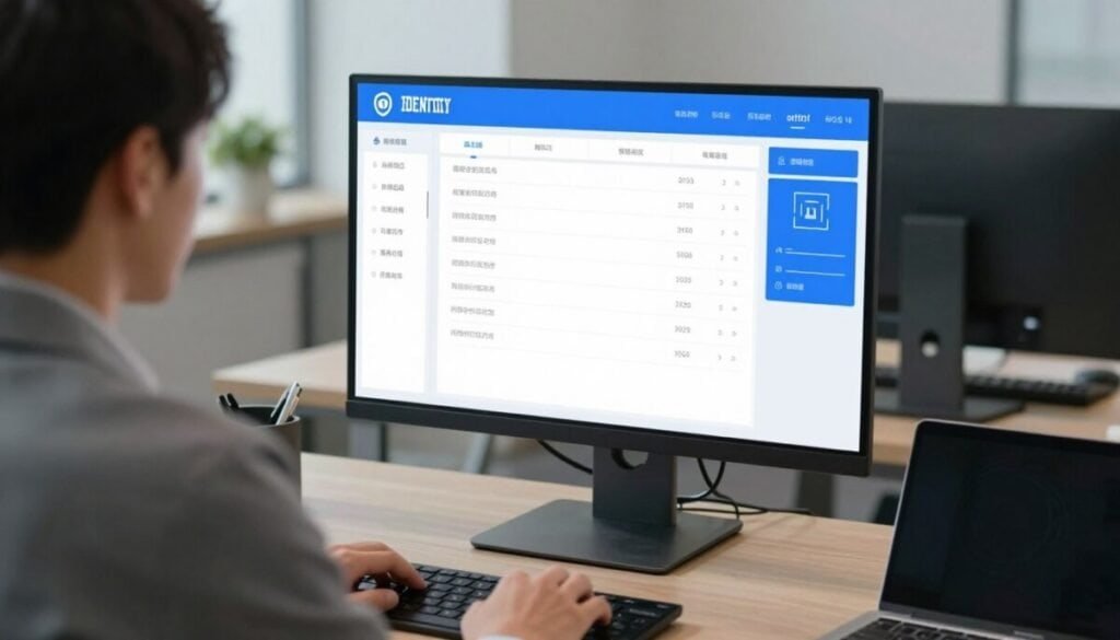 A modern office workspace featuring a computer screen displaying identity verification software in action. In the foreground, a professional business person in smart attire is engaged with the software, their expression focused yet approachable. The middle layer shows a sleek, user-friendly interface filled with data fields, verification statuses, and biometric scanning graphics. In the background, a minimalist office setting with soft ambient lighting creates a calm, professional atmosphere. The scene is captured from a slightly elevated angle to provide a clear view of the screen while maintaining a sense of depth. The overall mood is serious and tech-savvy, emphasizing trust and security in the identity verification process. A modern office workspace featuring a computer screen displaying identity verification software in action. In the foreground, a professional business person in smart attire is engaged with the software, their expression focused yet approachable. The middle layer shows a sleek, user-friendly interface filled with data fields, verification statuses, and biometric scanning graphics. In the background, a minimalist office setting with soft ambient lighting creates a calm, professional atmosphere. The scene is captured from a slightly elevated angle to provide a clear view of the screen while maintaining a sense of depth. The overall mood is serious and tech-savvy, emphasizing trust and security in the identity verification process.