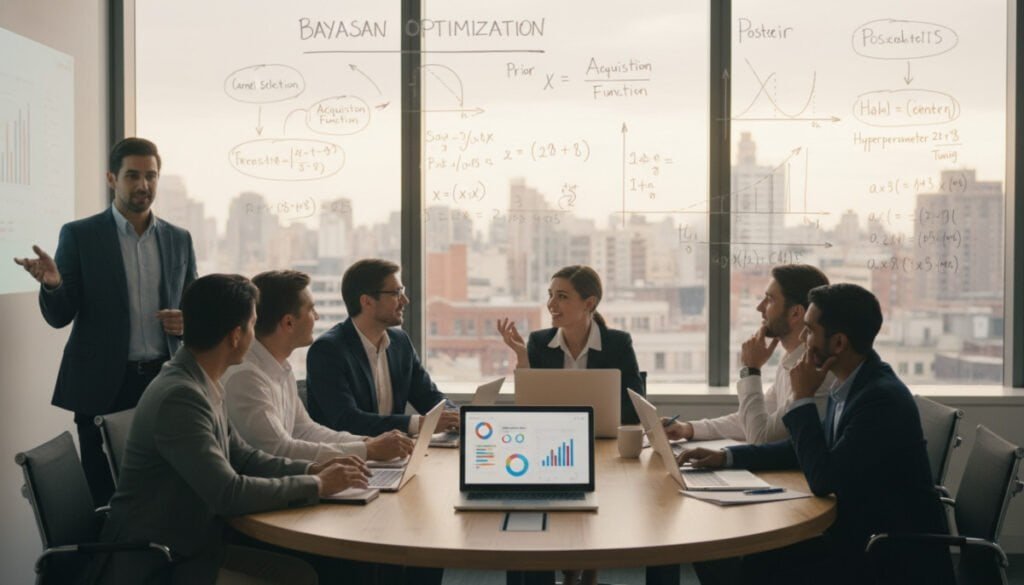 A modern office workspace featuring a diverse team of professionals discussing Bayesian optimization strategies for a Software as a Service (SaaS) model. In the foreground, a whiteboard filled with graphs, equations, and diagrams representing priors, inference, and kernel selection. The middle section showcases a large conference table with laptops open, displaying data visualizations, while team members, dressed in professional business attire, actively engage in conversation. The background highlights a large window with cityscape views, bathed in warm, natural light, creating an inviting and focused atmosphere. The scene captures a sense of collaboration, innovation, and technical expertise, with a lens effect emphasizing clarity and depth. The overall mood is inspiring and forward-thinking, reflecting a hub of knowledge and teamwork. A modern office workspace featuring a diverse team of professionals discussing Bayesian optimization strategies for a Software as a Service (SaaS) model. In the foreground, a whiteboard filled with graphs, equations, and diagrams representing priors, inference, and kernel selection. The middle section showcases a large conference table with laptops open, displaying data visualizations, while team members, dressed in professional business attire, actively engage in conversation. The background highlights a large window with cityscape views, bathed in warm, natural light, creating an inviting and focused atmosphere. The scene captures a sense of collaboration, innovation, and technical expertise, with a lens effect emphasizing clarity and depth. The overall mood is inspiring and forward-thinking, reflecting a hub of knowledge and teamwork.