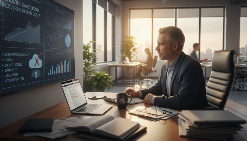 A modern office workspace featuring a professional-looking individual, a middle-aged man in business attire, thoughtfully studying a large digital screen displaying complex graphs and charts related to SaaS spending. In the foreground, a stylish desk cluttered with documents, a laptop, and a coffee mug symbolizes the intricacy of financial management. In the middle ground, the digital screen captures various hidden costs associated with SaaS, such as subscription fees and usage statistics. The background features a sleek office environment with large windows, letting in warm natural light that creates a bright, optimistic atmosphere. Use a slightly elevated angle for a dynamic perspective, emphasizing both the individual’s focus and the importance of recognizing hidden costs in a professional business setting. A modern office workspace featuring a professional-looking individual, a middle-aged man in business attire, thoughtfully studying a large digital screen displaying complex graphs and charts related to SaaS spending. In the foreground, a stylish desk cluttered with documents, a laptop, and a coffee mug symbolizes the intricacy of financial management. In the middle ground, the digital screen captures various hidden costs associated with SaaS, such as subscription fees and usage statistics. The background features a sleek office environment with large windows, letting in warm natural light that creates a bright, optimistic atmosphere. Use a slightly elevated angle for a dynamic perspective, emphasizing both the individual’s focus and the importance of recognizing hidden costs in a professional business setting.