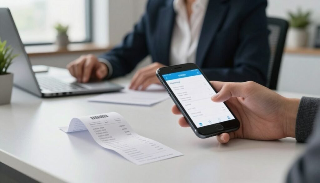 A modern office workspace featuring a sleek desk with a high-quality smartphone displaying a digital receipt capture app. In the foreground, a half-crumpled paper receipt is laid out next to the phone, with clear item details showing. A business professional, dressed in smart casual attire, is seen in the middle-ground using the app to scan the receipt, with a focused expression. The background reveals elements of a tidy office, including potted plants, a laptop, and a bright window allowing natural light to flood the room. Soft shadows enhance the cozy yet professional atmosphere, while a shallow depth of field emphasizes the smartphone and receipt in sharp focus. The image conveys efficiency and organization essential for expense management. A modern office workspace featuring a sleek desk with a high-quality smartphone displaying a digital receipt capture app. In the foreground, a half-crumpled paper receipt is laid out next to the phone, with clear item details showing. A business professional, dressed in smart casual attire, is seen in the middle-ground using the app to scan the receipt, with a focused expression. The background reveals elements of a tidy office, including potted plants, a laptop, and a bright window allowing natural light to flood the room. Soft shadows enhance the cozy yet professional atmosphere, while a shallow depth of field emphasizes the smartphone and receipt in sharp focus. The image conveys efficiency and organization essential for expense management.
