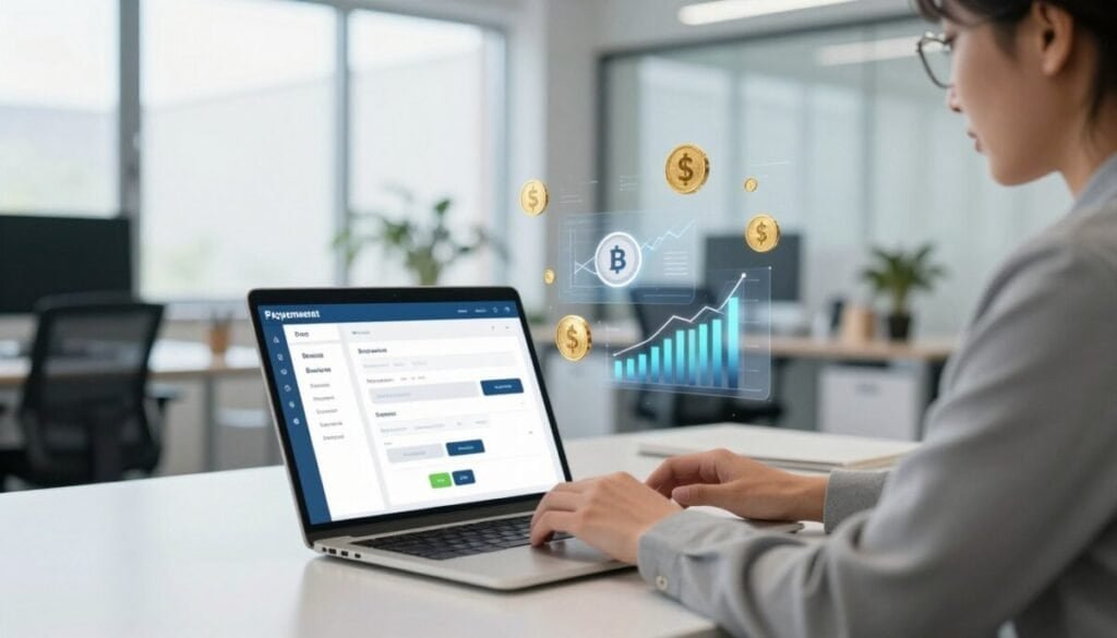 A modern office workspace illustrating payment integration and scheduling. In the foreground, a sleek desk with a laptop displaying a user-friendly booking interface and payment processing screen. An individual in business attire, focused and professional, is interacting with the computer, highlighting the integration of finance and scheduling. In the middle ground, graphs and digital currencies float around, symbolizing financial management. The background features a bright, airy office with large windows allowing natural light to flood in, creating a productive atmosphere. The overall mood is efficient and innovative, capturing the essence of modern service-based business operations through thoughtful technology integration. A modern office workspace illustrating payment integration and scheduling. In the foreground, a sleek desk with a laptop displaying a user-friendly booking interface and payment processing screen. An individual in business attire, focused and professional, is interacting with the computer, highlighting the integration of finance and scheduling. In the middle ground, graphs and digital currencies float around, symbolizing financial management. The background features a bright, airy office with large windows allowing natural light to flood in, creating a productive atmosphere. The overall mood is efficient and innovative, capturing the essence of modern service-based business operations through thoughtful technology integration.