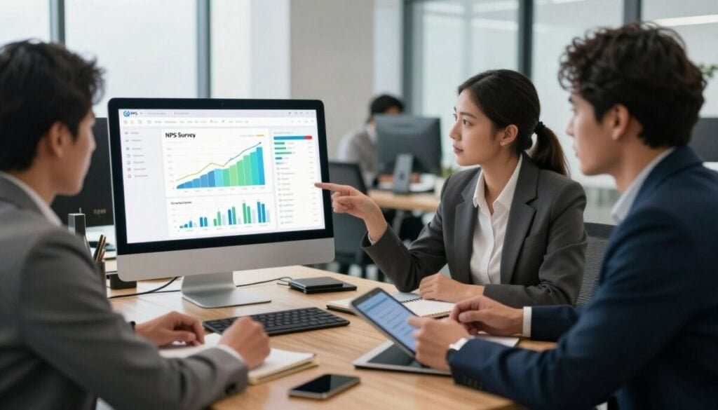 A modern office workspace showcasing a computer screen displaying a sleek NPS survey software interface, featuring vibrant graphs and customer feedback visualizations. In the foreground, a diverse group of three professionals—one man and two women—engaged in discussion, all dressed in smart business attire, analyzing the data together. The middle ground has a contemporary wooden desk cluttered with tablets and notebooks, highlighting collaboration. In the background, large windows let in soft, natural light, illuminating the space and creating a productive atmosphere. The scene conveys a mood of innovation and teamwork, focused on enhancing customer experience through data-driven insights. A shallow depth of field emphasizes the active conversation and the software's interface.