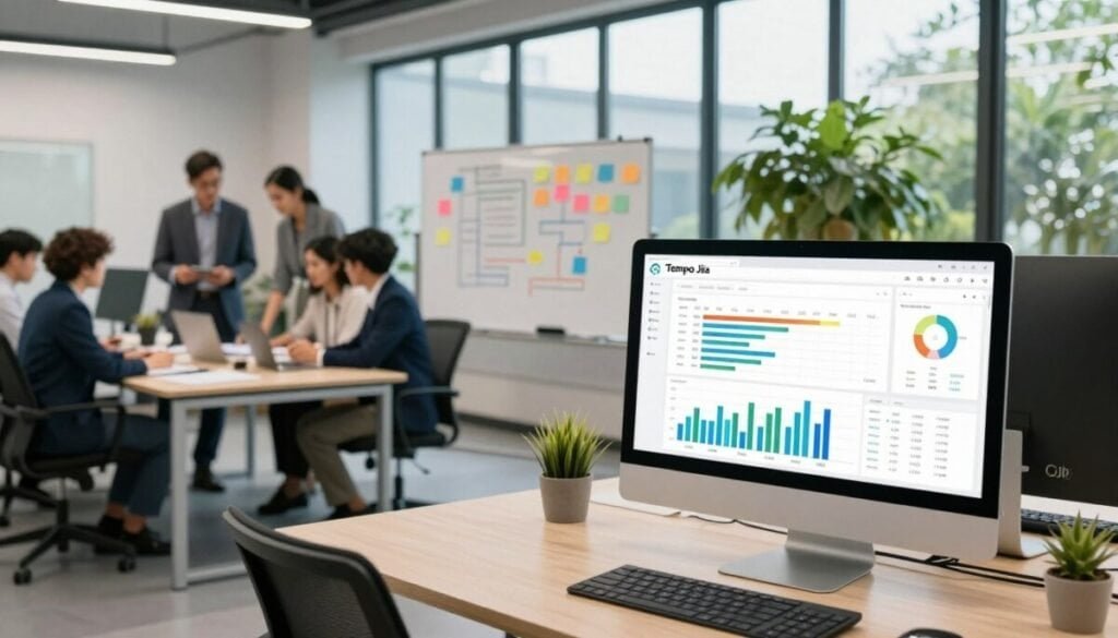 A modern office workspace showcasing a digital capacity planning environment focused on Tempo software for Jira users. In the foreground, a sleek computer screen displays vibrant graphs and dashboards illustrating project timelines and resource allocation. To the left, a diverse group of professionals in business attire collaborate around a large table, discussing strategies. The middle ground features a whiteboard with colorful sticky notes and flowcharts. In the background, large windows allow natural light to flood the room, accompanied by lush greenery outside for a refreshing atmosphere. The overall mood is dynamic and productive, emphasizing teamwork and innovation in project management. Soft lighting highlights the professionalism of the space, captured with a wide-angle lens for a contemporary look. A modern office workspace showcasing a digital capacity planning environment focused on Tempo software for Jira users. In the foreground, a sleek computer screen displays vibrant graphs and dashboards illustrating project timelines and resource allocation. To the left, a diverse group of professionals in business attire collaborate around a large table, discussing strategies. The middle ground features a whiteboard with colorful sticky notes and flowcharts. In the background, large windows allow natural light to flood the room, accompanied by lush greenery outside for a refreshing atmosphere. The overall mood is dynamic and productive, emphasizing teamwork and innovation in project management. Soft lighting highlights the professionalism of the space, captured with a wide-angle lens for a contemporary look.
