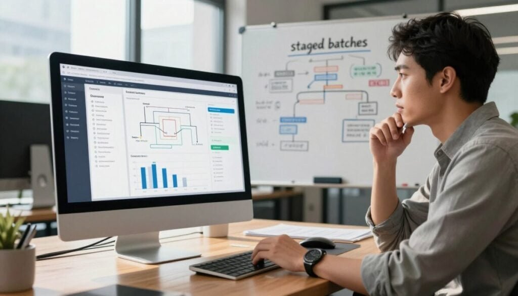 A modern office workspace showcasing a digital display of a content management interface on a sleek computer monitor. In the foreground, a focused professional in smart casual attire reviews data analytics with a thoughtful expression, highlighting key points using a stylus. In the middle ground, a whiteboard is filled with organized notes and flowcharts, illustrating the concept of "staged batches" for content pruning strategies. The background reveals large windows with soft daylight streaming in, casting gentle shadows on polished wooden furniture. The atmosphere is one of productivity and innovation, emphasizing a methodical approach to executing changes. The composition includes sharp focus on the foreground subject, with a slightly blurred background, enhancing the sense of depth in the scene. A modern office workspace showcasing a digital display of a content management interface on a sleek computer monitor. In the foreground, a focused professional in smart casual attire reviews data analytics with a thoughtful expression, highlighting key points using a stylus. In the middle ground, a whiteboard is filled with organized notes and flowcharts, illustrating the concept of "staged batches" for content pruning strategies. The background reveals large windows with soft daylight streaming in, casting gentle shadows on polished wooden furniture. The atmosphere is one of productivity and innovation, emphasizing a methodical approach to executing changes. The composition includes sharp focus on the foreground subject, with a slightly blurred background, enhancing the sense of depth in the scene.