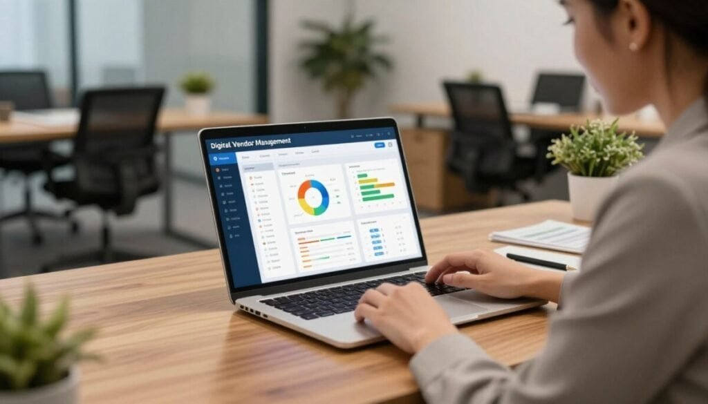 A modern office workspace showcasing a digital vendor management software platform on a sleek laptop screen, positioned on a wooden desk. In the foreground, a professional businesswoman in smart attire analyzes vendor data, depicting concentration and collaboration. The middle layer features the laptop displaying a colorful dashboard with charts, graphs, and vendor metrics. In the background, a stylish office setting with soft ambient lighting, ergonomic furniture, and office plants creates a productive atmosphere, promoting a sense of growth and professionalism. The camera angle focuses on the laptop and the businesswoman, using a shallow depth of field to blur the background subtly, enhancing the image's clarity and appeal. The mood conveys efficiency and innovation within a corporate environment, ideal for operations teams. A modern office workspace showcasing a digital vendor management software platform on a sleek laptop screen, positioned on a wooden desk. In the foreground, a professional businesswoman in smart attire analyzes vendor data, depicting concentration and collaboration. The middle layer features the laptop displaying a colorful dashboard with charts, graphs, and vendor metrics. In the background, a stylish office setting with soft ambient lighting, ergonomic furniture, and office plants creates a productive atmosphere, promoting a sense of growth and professionalism. The camera angle focuses on the laptop and the businesswoman, using a shallow depth of field to blur the background subtly, enhancing the image's clarity and appeal. The mood conveys efficiency and innovation within a corporate environment, ideal for operations teams.