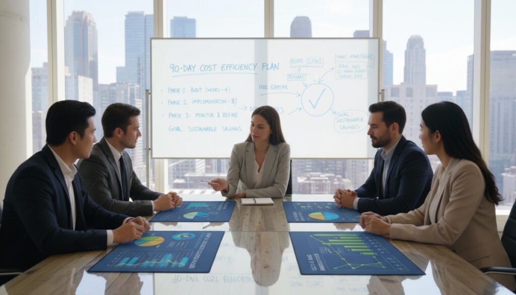A modern, professional office environment filled with natural light streaming through large windows. In the foreground, a diverse group of business professionals, dressed in smart attire, are engaged in a collaborative discussion around a sleek conference table. They are analyzing cloud cost optimization graphs displayed on digital screens, showcasing impressive savings metrics and data visualization. In the middle ground, a large whiteboard is filled with brainstorming notes and charts emphasizing a 90-day plan, illustrating organized steps towards achieving cost efficiency. The background features a city skyline visible through the windows, symbolizing growth and success. The atmosphere is focused, dynamic, and optimistic, captured with bright lighting to enhance clarity and professionalism. The scene should be shot from a slightly elevated angle to encompass both the professionals and the visualization elements effectively. A modern, professional office environment filled with natural light streaming through large windows. In the foreground, a diverse group of business professionals, dressed in smart attire, are engaged in a collaborative discussion around a sleek conference table. They are analyzing cloud cost optimization graphs displayed on digital screens, showcasing impressive savings metrics and data visualization. In the middle ground, a large whiteboard is filled with brainstorming notes and charts emphasizing a 90-day plan, illustrating organized steps towards achieving cost efficiency. The background features a city skyline visible through the windows, symbolizing growth and success. The atmosphere is focused, dynamic, and optimistic, captured with bright lighting to enhance clarity and professionalism. The scene should be shot from a slightly elevated angle to encompass both the professionals and the visualization elements effectively.