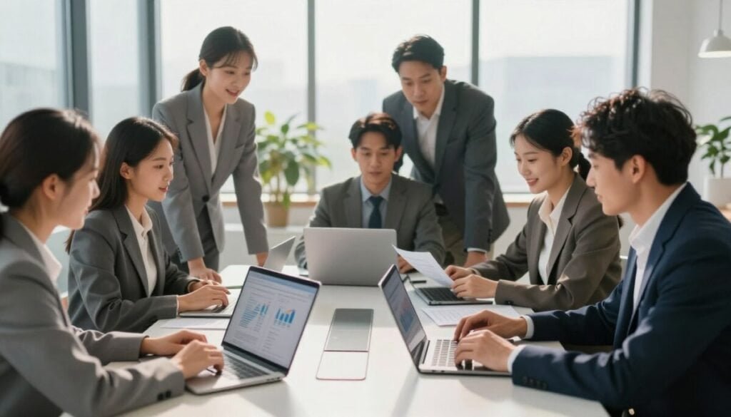 A modern, professional office environment showcasing a dynamic scene of a Bellwether purchasing scenario. In the foreground, a diverse group of business professionals in smart business attire, engaged in a collaborative discussion over digital devices and documents. The middle ground features a sleek conference table surrounded by laptops and charts, emphasizing efficiency and productivity. The background showcases large windows with natural light streaming in, casting a warm glow on the scene. The atmosphere is upbeat and focused, conveying a sense of teamwork and innovation. The image should have a sharp focus on the subjects, with a subtle depth of field effect, creating a professional yet inviting mood. A modern, professional office environment showcasing a dynamic scene of a Bellwether purchasing scenario. In the foreground, a diverse group of business professionals in smart business attire, engaged in a collaborative discussion over digital devices and documents. The middle ground features a sleek conference table surrounded by laptops and charts, emphasizing efficiency and productivity. The background showcases large windows with natural light streaming in, casting a warm glow on the scene. The atmosphere is upbeat and focused, conveying a sense of teamwork and innovation. The image should have a sharp focus on the subjects, with a subtle depth of field effect, creating a professional yet inviting mood.