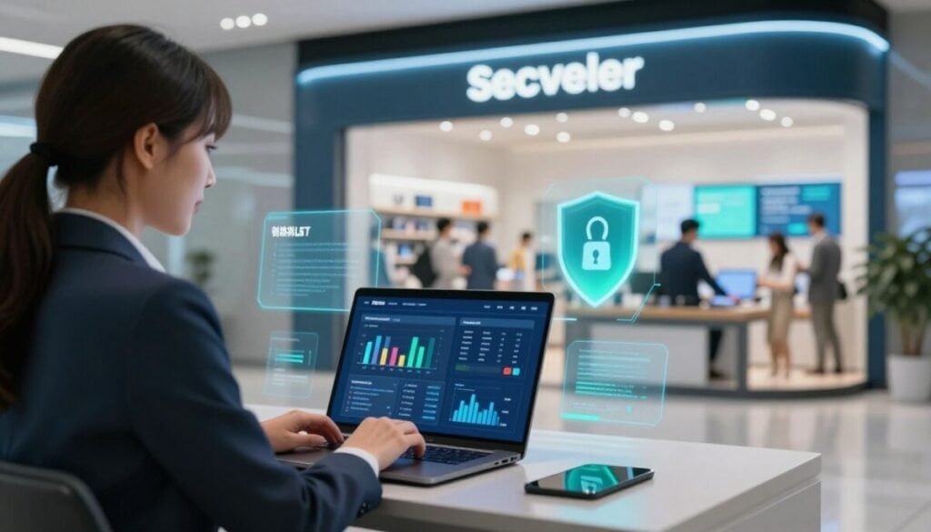 A modern retail scene showing an ecommerce store's digital interface with a focus on fraud prevention. In the foreground, a confident business person in professional attire analyzes data on a laptop, surrounded by visual graphs and charts indicating successful fraud detection metrics. The middle ground features an interactive touchscreen displaying vibrant security alerts and protective software features. In the background, a sleek, futuristic storefront with an appealing layout evokes a sense of customer trust and engagement. Soft, ambient lighting emphasizes a welcoming atmosphere, while cool tones of blue and green suggest security and reliability. The overall mood is upbeat and optimistic, illustrating a balance between robust security measures and a seamless customer experience. A modern retail scene showing an ecommerce store's digital interface with a focus on fraud prevention. In the foreground, a confident business person in professional attire analyzes data on a laptop, surrounded by visual graphs and charts indicating successful fraud detection metrics. The middle ground features an interactive touchscreen displaying vibrant security alerts and protective software features. In the background, a sleek, futuristic storefront with an appealing layout evokes a sense of customer trust and engagement. Soft, ambient lighting emphasizes a welcoming atmosphere, while cool tones of blue and green suggest security and reliability. The overall mood is upbeat and optimistic, illustrating a balance between robust security measures and a seamless customer experience.