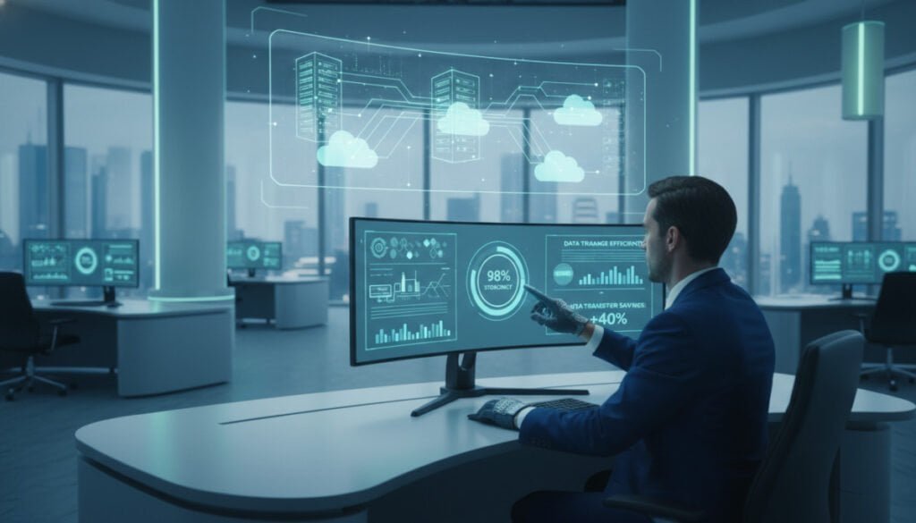 A modern, sleek digital workspace showcasing an advanced cloud storage interface. In the foreground, a professional businessperson in smart attire analyzes data visualizations on a high-resolution monitor, highlighting graphs and charts that represent storage efficiency and data transfer savings. In the middle ground, a translucent display of interconnected servers and cloud icons symbolizes optimized data flow and resource allocation. The background features a futuristic office environment with ambient lighting, emphasizing innovation and technology. The color palette should be cool blues and greens, conveying a sense of calm and efficiency. Use a wide angle to capture the depth of the workspace, with soft lighting that creates a bright, inviting atmosphere. A modern, sleek digital workspace showcasing an advanced cloud storage interface. In the foreground, a professional businessperson in smart attire analyzes data visualizations on a high-resolution monitor, highlighting graphs and charts that represent storage efficiency and data transfer savings. In the middle ground, a translucent display of interconnected servers and cloud icons symbolizes optimized data flow and resource allocation. The background features a futuristic office environment with ambient lighting, emphasizing innovation and technology. The color palette should be cool blues and greens, conveying a sense of calm and efficiency. Use a wide angle to capture the depth of the workspace, with soft lighting that creates a bright, inviting atmosphere.