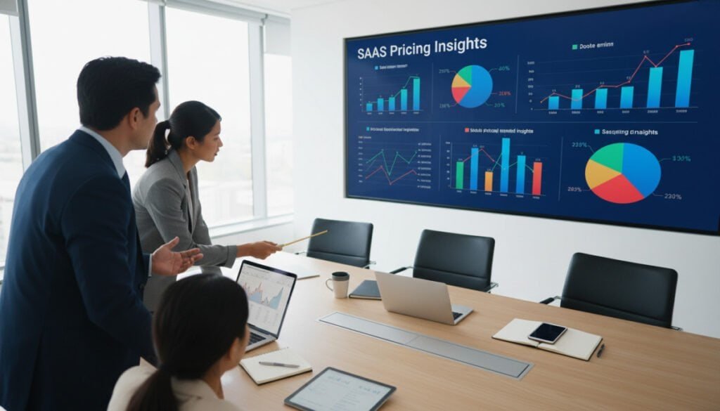 A modern, sleek office conference room setting with a large digital screen displaying colorful graphs and charts related to SaaS pricing insights. In the foreground, a diverse group of three professionals in business attire are engaged in discussion, pointing at the screen, reflecting teamwork and collaboration. The middle ground features a stylish conference table with laptops, notepads, and a digital tablet showing financial data. The background consists of large windows allowing soft natural light to illuminate the room, creating a bright atmosphere. The overall mood is one of focus and productivity, emphasizing analytical thinking and strategic planning in software management. Use a slightly tilted angle to create dynamism while showcasing the vibrant colors of the data visuals. A modern, sleek office conference room setting with a large digital screen displaying colorful graphs and charts related to SaaS pricing insights. In the foreground, a diverse group of three professionals in business attire are engaged in discussion, pointing at the screen, reflecting teamwork and collaboration. The middle ground features a stylish conference table with laptops, notepads, and a digital tablet showing financial data. The background consists of large windows allowing soft natural light to illuminate the room, creating a bright atmosphere. The overall mood is one of focus and productivity, emphasizing analytical thinking and strategic planning in software management. Use a slightly tilted angle to create dynamism while showcasing the vibrant colors of the data visuals.