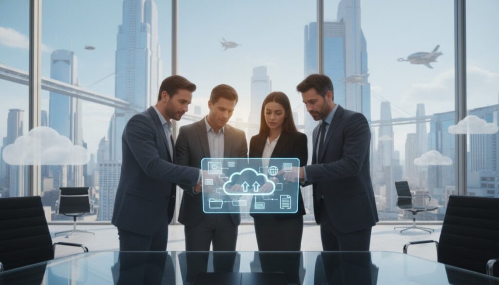 A modern, sleek office environment illustrating cloud storage and file sharing. In the foreground, a diverse group of professionals, dressed in business attire, collaborate over a digital tablet displaying cloud diagrams and file sharing icons. The middle ground features a large glass window revealing futuristic cityscapes, symbolizing connectivity and innovation. In the background, soft blue and white tones create a serene atmosphere, with abstract cloud shapes subtly floating, representing the digital cloud concept. Soft, natural lighting highlights the professionals’ focused expressions and the technology in use, enhancing the feeling of empowerment and teamwork. The angle is slightly elevated, giving a broad view of the engaged team, conveying a sense of forward-thinking success and collaboration in the digital age.