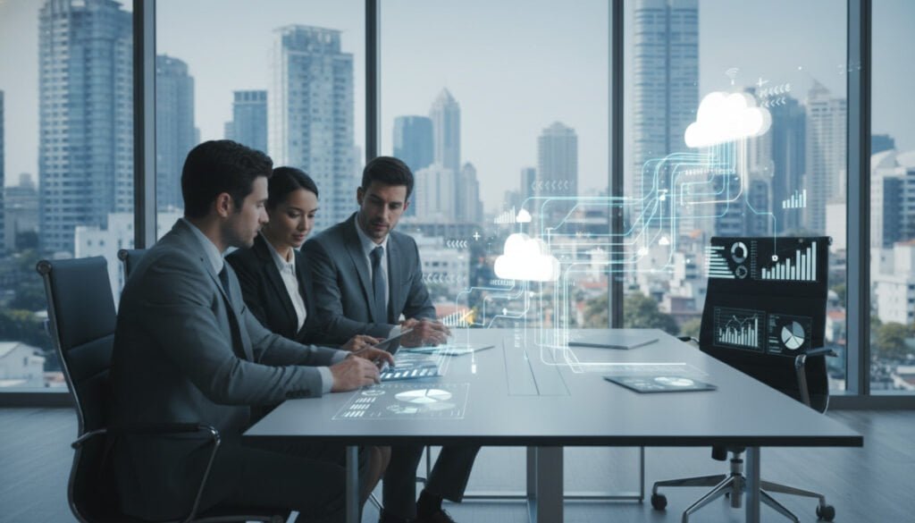 A modern, sleek office environment showcasing the core benefits of SaaS for businesses. In the foreground, a diverse group of three professionals, dressed in smart business attire, collaborate around a digital tablet displaying charts and graphs. The middle ground features a high-tech desk with cloud icons and data streams as holographic visuals, symbolizing connectivity and accessibility. In the background, large windows reveal a vibrant city skyline, reflecting innovation and modernity. The lighting is bright and inviting, enhancing the sense of productivity and teamwork. The angle is slightly elevated, providing a comprehensive view of the scene. The overall atmosphere evokes a sense of collaboration, efficiency, and the forward-thinking advantages of SaaS in today’s business landscape. A modern, sleek office environment showcasing the core benefits of SaaS for businesses. In the foreground, a diverse group of three professionals, dressed in smart business attire, collaborate around a digital tablet displaying charts and graphs. The middle ground features a high-tech desk with cloud icons and data streams as holographic visuals, symbolizing connectivity and accessibility. In the background, large windows reveal a vibrant city skyline, reflecting innovation and modernity. The lighting is bright and inviting, enhancing the sense of productivity and teamwork. The angle is slightly elevated, providing a comprehensive view of the scene. The overall atmosphere evokes a sense of collaboration, efficiency, and the forward-thinking advantages of SaaS in today’s business landscape.