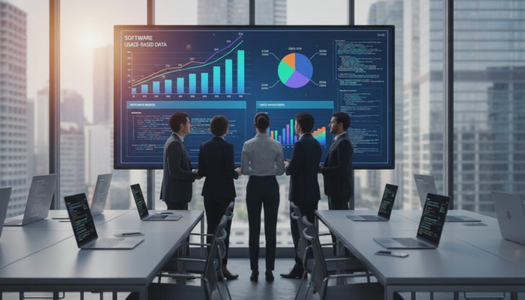 A modern, sleek office environment showcasing usage-based data for software management. In the foreground, a diverse team of professionals in business attire is gathered around a large digital screen displaying colorful graphs and metrics related to software usage and analytics. In the middle ground, sleek desks with laptops and tablets filled with code snippets and application designs reflect a high-tech atmosphere. The background features large windows with a city skyline, sunlight filtering through, creating a bright and productive mood. The composition includes a slight depth of field effect for focus. The overall tone is innovative and forward-thinking, emphasizing collaboration and analytics in software management. A modern, sleek office environment showcasing usage-based data for software management. In the foreground, a diverse team of professionals in business attire is gathered around a large digital screen displaying colorful graphs and metrics related to software usage and analytics. In the middle ground, sleek desks with laptops and tablets filled with code snippets and application designs reflect a high-tech atmosphere. The background features large windows with a city skyline, sunlight filtering through, creating a bright and productive mood. The composition includes a slight depth of field effect for focus. The overall tone is innovative and forward-thinking, emphasizing collaboration and analytics in software management.