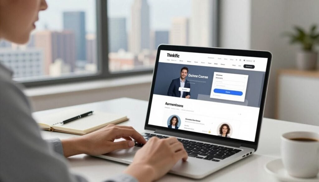 A modern, sleek workspace featuring a laptop open to the Thinkific platform interface, showcasing an engaging online course dashboard. In the foreground, a professional educator in smart business attire reviews course materials, expressing a sense of achievement and inspiration. The middle ground includes a notepad and a cup of coffee, suggesting a productive atmosphere. In the background, a large window offers a view of a vibrant city skyline during daylight, flooding the scene with natural light that creates a bright, inviting mood. The image is captured with a soft focus effect, emphasizing the main subject while maintaining a sense of professionalism and creativity, perfect for showcasing Thinkific as a market leader in course creation software. A modern, sleek workspace featuring a laptop open to the Thinkific platform interface, showcasing an engaging online course dashboard. In the foreground, a professional educator in smart business attire reviews course materials, expressing a sense of achievement and inspiration. The middle ground includes a notepad and a cup of coffee, suggesting a productive atmosphere. In the background, a large window offers a view of a vibrant city skyline during daylight, flooding the scene with natural light that creates a bright, inviting mood. The image is captured with a soft focus effect, emphasizing the main subject while maintaining a sense of professionalism and creativity, perfect for showcasing Thinkific as a market leader in course creation software.