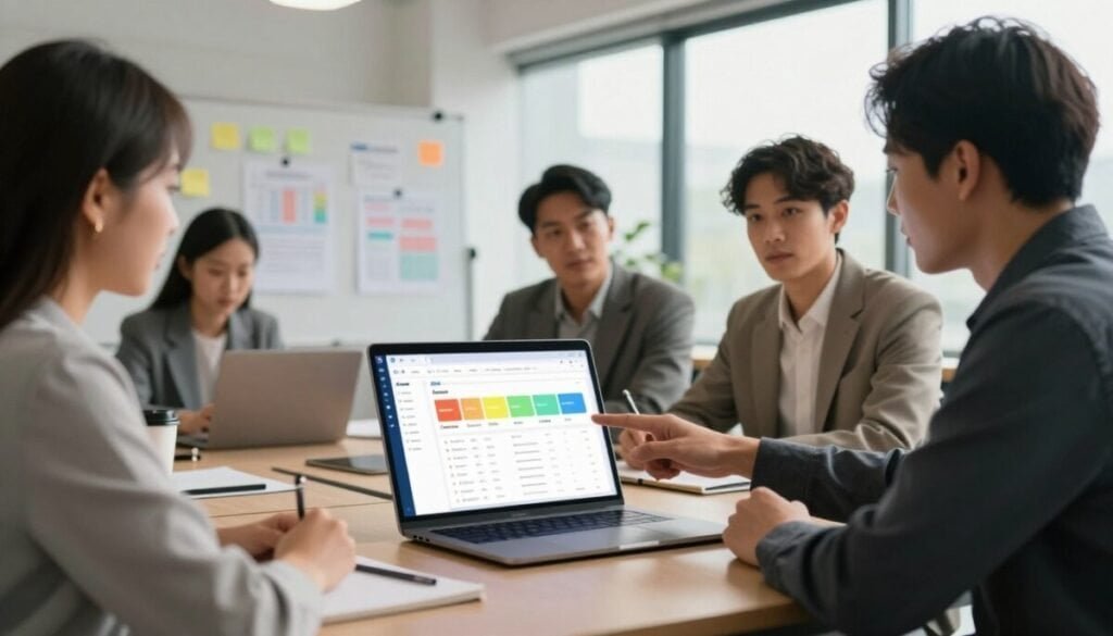 A modern, sleek workspace featuring a team of diverse professionals collaborating on Asana task management. In the foreground, a laptop displays the Asana interface with colorful task cards and deadlines. To the side, a couple of team members, dressed in professional business attire, engage in discussion, pointing at the screen. In the middle ground, a whiteboard with sticky notes and charts relates to project milestones and documentation tracking. The background includes large windows allowing natural light, creating an inviting atmosphere. Soft shadows and a warm color palette enhance the productivity vibe, while the overall composition captures a dynamic and focused environment, emphasizing teamwork and organization in task management.