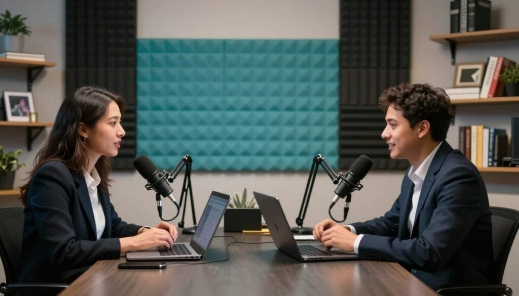 A modern, stylish podcast studio setup focused on productivity, featuring a sleek table with professional microphones and laptops in the foreground. Two individuals are engaged in a dynamic interview, dressed in professional business attire, showcasing a lively discussion. In the middle ground, a large soundproofing foam wall painted in a soothing color, along with acoustic panels, creates an optimal sound environment. The background includes shelves stocked with books on productivity and media, setting an intellectual tone. Soft, focused lighting illuminates the scene, creating a warm and inviting atmosphere, with a slight depth of field effect to emphasize the subjects. The overall mood conveys professionalism and efficiency, ideal for a creative workspace aimed at maximizing productivity for interviews and podcasts.