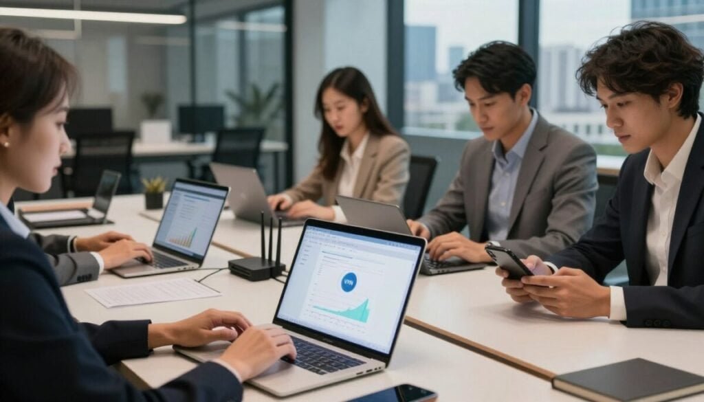 A modern, tech-inspired workspace with multiple devices interconnected, showcasing a diverse group of professionals in business attire engaging seamlessly with their laptops and smartphones. In the foreground, a sleek laptop displays a VPN connection interface with graphs indicating bandwidth usage. In the middle ground, a woman adjusts a Wi-Fi router while a man is focused on his tablet, both exuding concentration and collaboration. The background features a glass wall with a city skyline view, hinting at remote work and travel. Soft, warm lighting creates an inviting atmosphere, while the angle captures dynamic interactions between the individuals, emphasizing the concept of simultaneous connections and effective bandwidth management. A modern, tech-inspired workspace with multiple devices interconnected, showcasing a diverse group of professionals in business attire engaging seamlessly with their laptops and smartphones. In the foreground, a sleek laptop displays a VPN connection interface with graphs indicating bandwidth usage. In the middle ground, a woman adjusts a Wi-Fi router while a man is focused on his tablet, both exuding concentration and collaboration. The background features a glass wall with a city skyline view, hinting at remote work and travel. Soft, warm lighting creates an inviting atmosphere, while the angle captures dynamic interactions between the individuals, emphasizing the concept of simultaneous connections and effective bandwidth management.