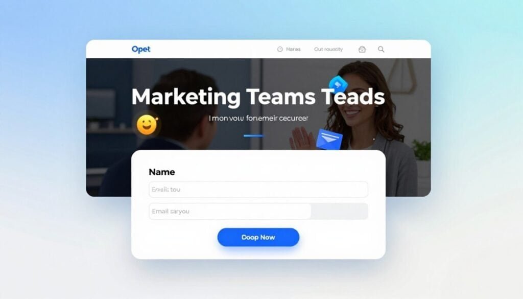 A modern, visually appealing landing page design focused on lead capture and popup solutions for marketing teams. In the foreground, a clean, sleek signup form with fields for name and email address is prominently displayed, accompanied by a vibrant, eye-catching call-to-action button. The middle ground features an interactive popup window showcasing an enticing offer, with engaging design elements like icons and graphics relevant to lead generation. The background provides a subtle gradient that transitions from light blue to white, creating a fresh and inviting atmosphere. Soft, natural lighting illuminates the scene, suggesting professionalism and innovation. The overall mood is energetic and focused, appealing to marketing professionals looking for optimal conversion strategies. A modern, visually appealing landing page design focused on lead capture and popup solutions for marketing teams. In the foreground, a clean, sleek signup form with fields for name and email address is prominently displayed, accompanied by a vibrant, eye-catching call-to-action button. The middle ground features an interactive popup window showcasing an enticing offer, with engaging design elements like icons and graphics relevant to lead generation. The background provides a subtle gradient that transitions from light blue to white, creating a fresh and inviting atmosphere. Soft, natural lighting illuminates the scene, suggesting professionalism and innovation. The overall mood is energetic and focused, appealing to marketing professionals looking for optimal conversion strategies.