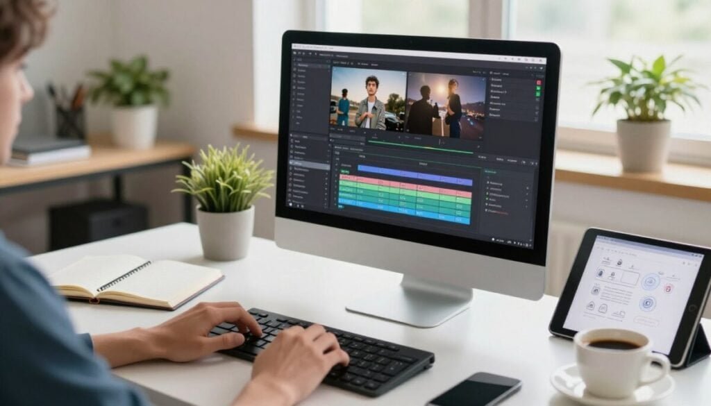 A modern, well-lit workspace showcasing a computer screen displaying a text-based video editing software interface. In the foreground, a hand hovers above a sleek keyboard, fingers poised to edit text snippets that correspond to video timestamps. The middle ground features a stylish desk with notebooks, a cup of coffee, and a tablet with digital annotations. The background displays a cozy office environment with potted plants and soft natural lighting streaming through a window. The scene captures a sense of focus and productivity, reflecting the transition towards text-based workflows, emphasizing efficiency in content creation. The image should evoke a vibrant and inspiring atmosphere, ideal for creative professionals.