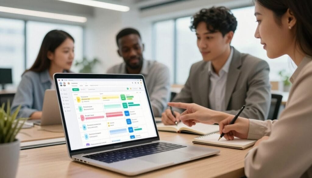 A modern workspace featuring a digital task coordination platform, specifically Asana. In the foreground, a laptop displaying a vibrant Asana dashboard with colorful task cards organized in columns, illustrating a team project. Middle ground includes a diverse group of three professionals in smart business attire, engaged in discussion, pointing at the laptop and taking notes, embodying collaboration. The background features a bright, open office environment with large windows allowing natural light to flood in. Soft, focused lighting enhances the scene, creating a warm and productive atmosphere. A slight depth of field blurs the background subtly, emphasizing the teamwork around task management. The composition conveys clarity, efficiency, and positive teamwork in project coordination. A modern workspace featuring a digital task coordination platform, specifically Asana. In the foreground, a laptop displaying a vibrant Asana dashboard with colorful task cards organized in columns, illustrating a team project. Middle ground includes a diverse group of three professionals in smart business attire, engaged in discussion, pointing at the laptop and taking notes, embodying collaboration. The background features a bright, open office environment with large windows allowing natural light to flood in. Soft, focused lighting enhances the scene, creating a warm and productive atmosphere. A slight depth of field blurs the background subtly, emphasizing the teamwork around task management. The composition conveys clarity, efficiency, and positive teamwork in project coordination.
