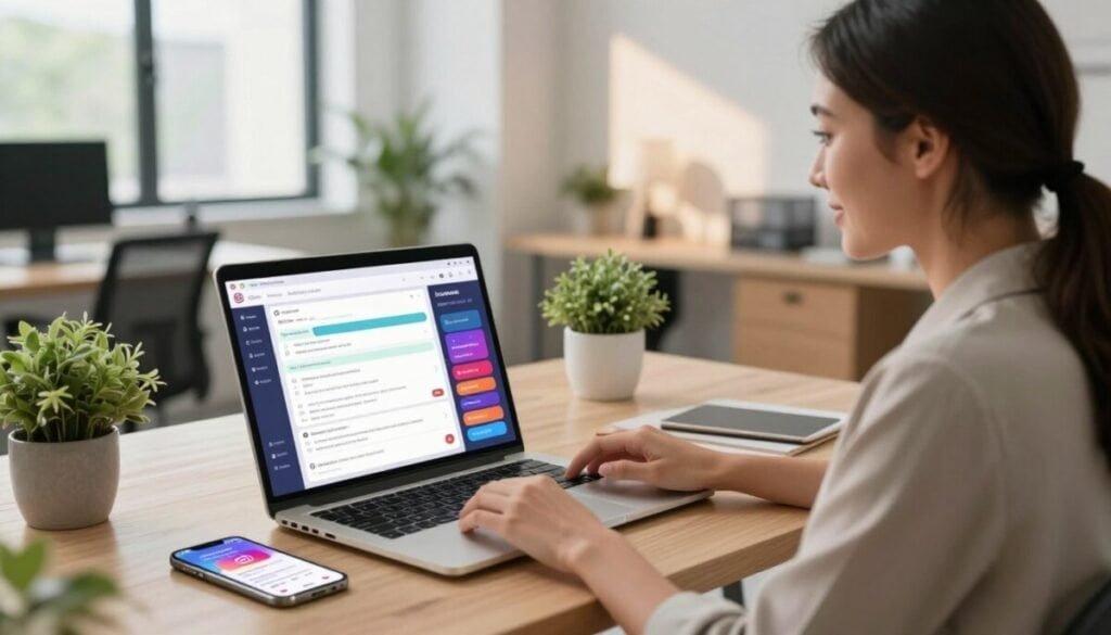 A modern workspace featuring a sleek laptop open to an Instagram DM automation tool interface, displaying analytics and automated messages. In the foreground, a professional woman in smart casual attire analyzes data, her expression focused yet optimistic. The middle ground includes a stylish desk with a smartphone showing Instagram notifications and decorative plants, creating a vibrant atmosphere. The background reveals a well-lit office with large windows letting in natural light, casting gentle shadows. The overall mood is productive and innovative, emphasizing the potential of automation in lead generation while reflecting a clean and organized aesthetic. Soft, ambient lighting enhances the atmosphere, suggesting a sense of modernity and efficiency. A modern workspace featuring a sleek laptop open to an Instagram DM automation tool interface, displaying analytics and automated messages. In the foreground, a professional woman in smart casual attire analyzes data, her expression focused yet optimistic. The middle ground includes a stylish desk with a smartphone showing Instagram notifications and decorative plants, creating a vibrant atmosphere. The background reveals a well-lit office with large windows letting in natural light, casting gentle shadows. The overall mood is productive and innovative, emphasizing the potential of automation in lead generation while reflecting a clean and organized aesthetic. Soft, ambient lighting enhances the atmosphere, suggesting a sense of modernity and efficiency.