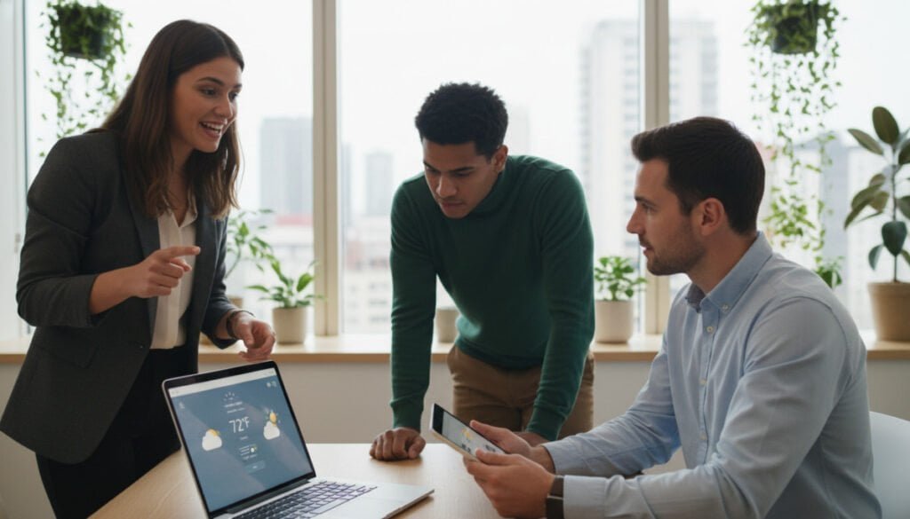 A modern workspace scene featuring a diverse group of three people engaged in a collaborative discussion about weather apps. In the foreground, a woman in professional attire points at her laptop screen displaying a weather app interface, her expression animated and enthusiastic. To her right, a man in business casual clothing nods thoughtfully, holding a tablet with another weather app open. Slightly behind them, a third individual, dressed in smart casual attire, leans in, observing their conversation with interest. The background showcases a bright office with large windows letting in natural light, framed by subtle greenery. The mood is one of camaraderie and shared discovery, capturing the essence of personal experiences with technology in a positive and professional atmosphere.
