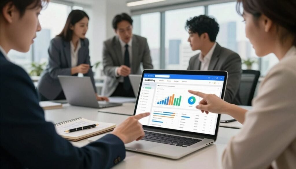 A modern workspace scene illustrating SaaS billing in action. In the foreground, a sleek laptop displays an open billing software interface, featuring colorful charts and graphs showing monthly subscription metrics. Beside the laptop, a notepad filled with handwritten notes and a stylish fountain pen add a personal touch. In the middle ground, a group of three professionals in smart business attire, two men and one woman, are engaged in a discussion, pointing at the screen with focused expressions. The background features a bright, airy office space with large windows letting in natural light, showcasing a city skyline. The atmosphere is dynamic and collaborative, suggesting innovation and efficiency in billing solutions. The image should have a soft focus, with warm lighting creating an inviting ambiance.